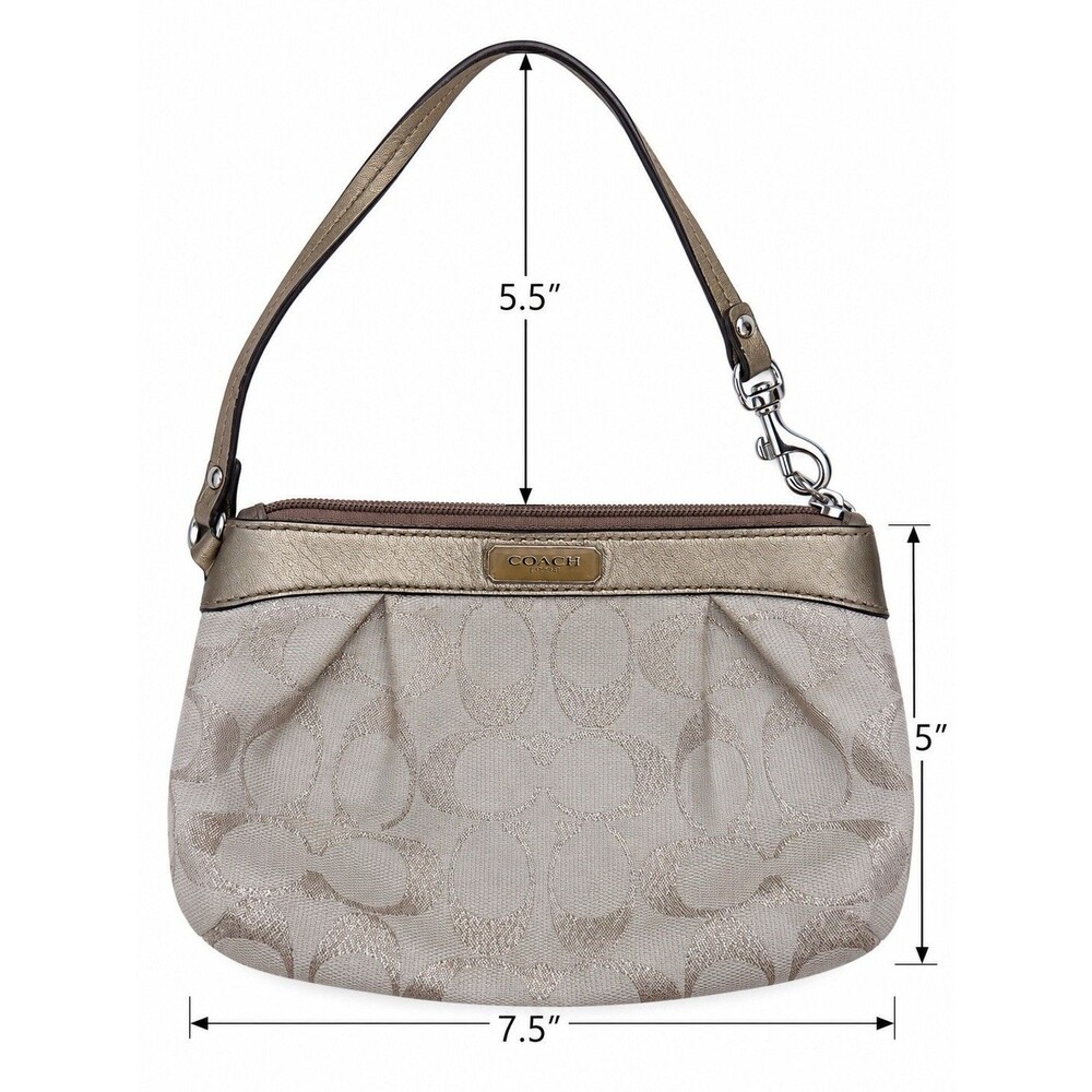 Coach Signature C Jacquard Wristlet Pouch Metallic Champagne Gold Small Zip Top